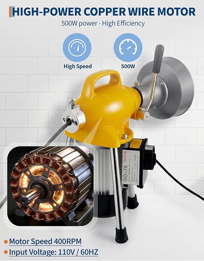 GarveeLife Electric Sewer Snake Drain Auger, Drain Cleaner Machine with 66FT x 5/8" & 16FT x 3/8" Steel Cables, 7 Cutters, 500w Power Auto Feed Pipe Snake for 3/4" to 4" Pipes for Sink Toilet Drainage