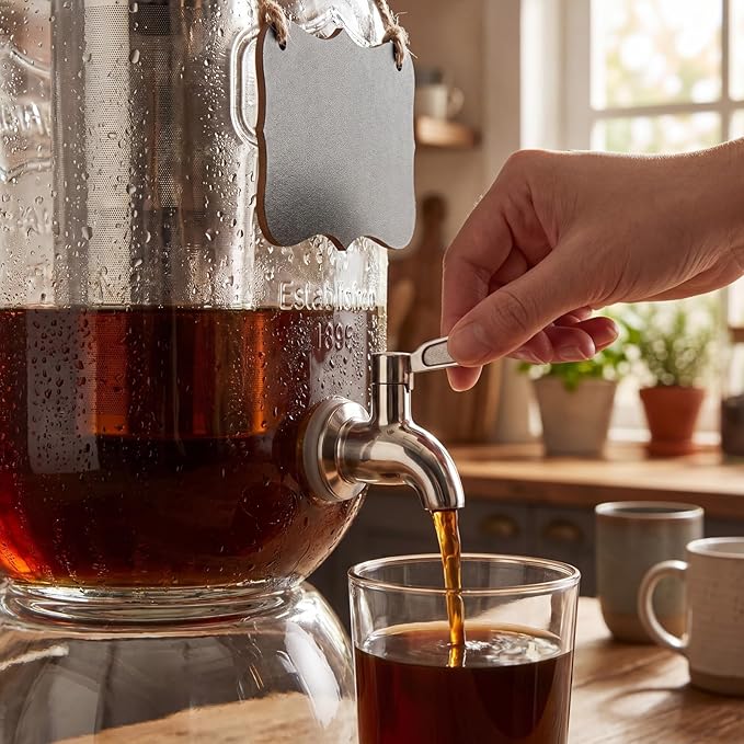 1 Gallon Cold Brew Coffee Maker with Stand, Heavy Duty Glass Iced Coffee Maker & Beverage Dispenser, Thick Iced Tea Pitcher for Fridge with 304 Stainless Steel Filter, Spigot & Lid