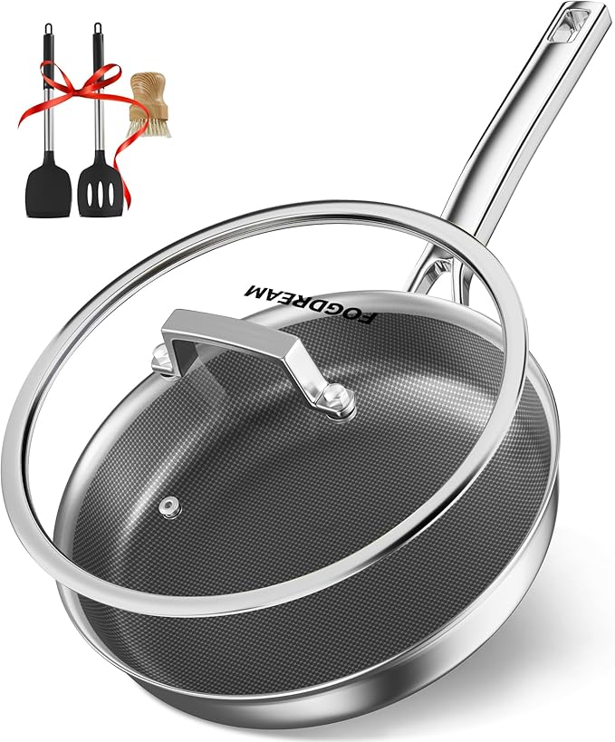 FogDream 10" Titanium Nonstick Frying Pan with Lid, Stainless Steel Skillet, Induction & Oven Safe (500°F), Dishwasher Safe, PFOA Free, Kitchen Set with Detachable Handle