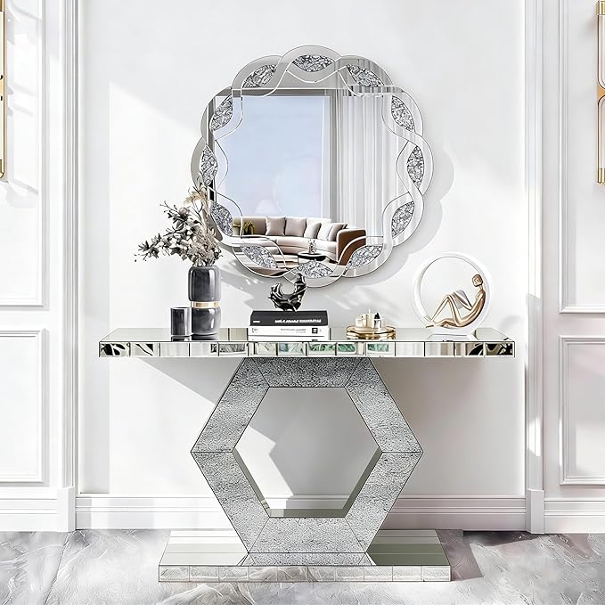 SSLine 2-Piece Set Mirrored Console Table with Wall Mirror, 55" Modern Mirror Entryway Table with Hexagon-Shape Base, Round Crush Diamond Decor Mirror for Entryway Hallway