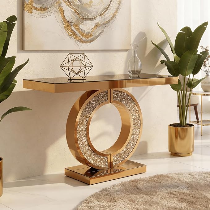 SSLine Mirror Console Table for Living Room 43" Modern Mirrored Entryway Table with Crystal O-Shape Base Luxury Brown Glass Foyer Tables for Entryway Hallway