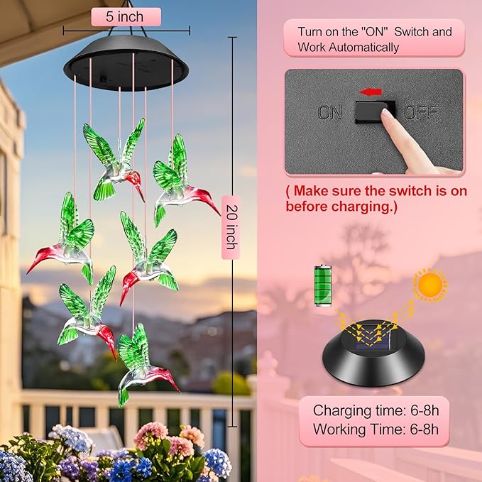 Mom Grandma Nana Wife Sister Gifts for Mothers Day, Mother Birthday Gardening Hummingbird Gifts for Women, Winzwon Wind Chimes Solar Lights Outdoor Decor for Garden Patio Yard Porch
