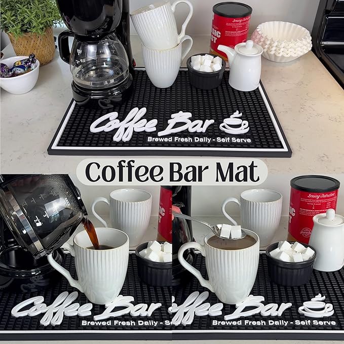 Brewed Fresh Daily Silicone Coffee Bar Mat 18x12 in, Self Serve Coffee Station Sign Mat, Hostess Gift, Farmhouse Kitchen Decor, Non-Slip Espresso Machine Mat, Barista Accessories