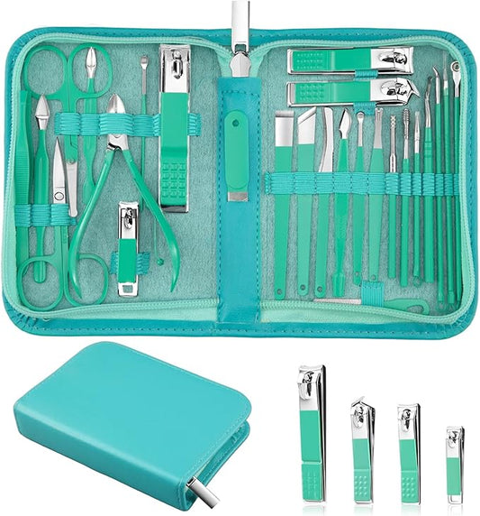 MINKINH Travel Manicure Set 26-Piece, Portable Nail Clippers Kit with PU Case, Carbon Steel Clippers, 410 Stainless Steel Grooming Tools, Hand Foot Facial Care for Luggage Backpack（Green）