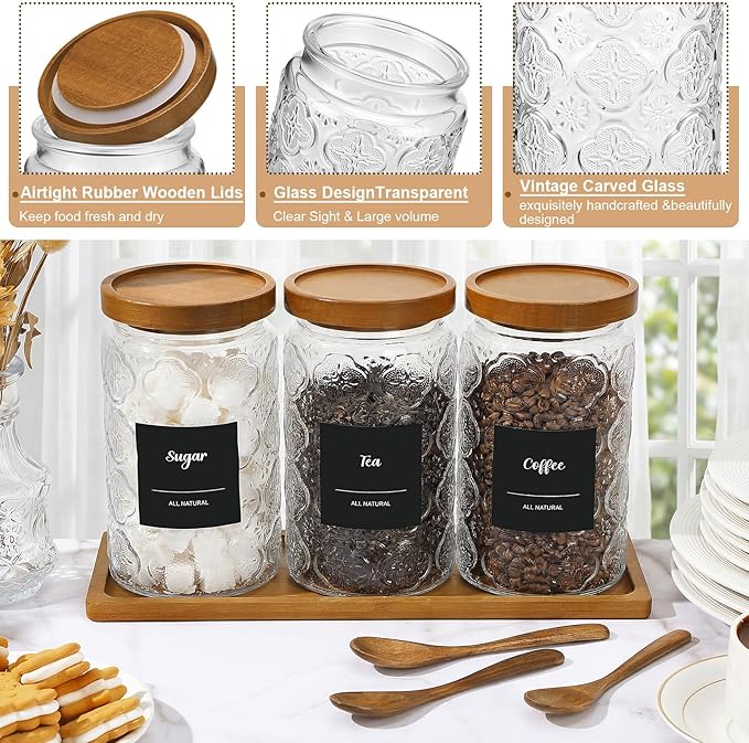 3 Pcs Glass Coffee Container Set with Wooden Lid Spoon Shelf Labels Clear Sugar Tea Airtight Jar Food Storage Canisters Set for Spice Holder Coffee Bar Gifts(Begonia,32 oz)