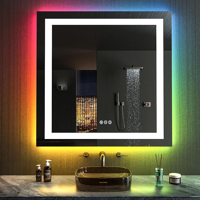 LOAAO 24"X30" RGB LED Bathroom Mirror with Lights, Anti-Fog, Dimmable, Lighted Bathroom Vanity Mirror, Multiple Light Modes, RGB Backlit + Front Light, Memory Function, Tempered Glass, ETL Listed