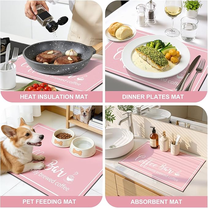Findosom Dish Drying Mat, 12" x 20" Super Absorbent & Hide Stain Coffee Mat, Cuttable Drying Mat for Kitchen Counter, Coffee Bar Accessories, Under Dish Rack, Coffee Maker, Espresso Machine, Pink