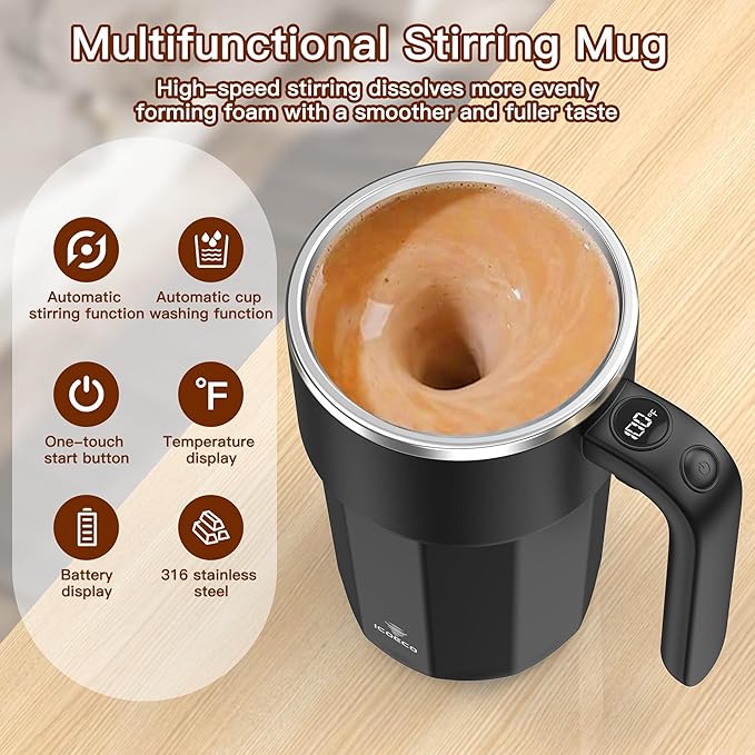 Self Stirring Coffee Mug, 12oz Magnetic Cup | USB Rechargeable, Auto Mixing for Coffee & Milk(Black)