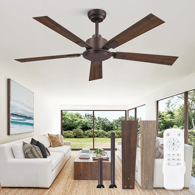 ZMISHIBO 52 Inch Ceiling Fan No Light with Remote Modern Bronze Ceiling Fan with Quiet Reversible DC Motor, 6-Speeds 5 Blades, Indoor/Outdoor Ceiling Fans Without Light for Patio, Living Room, Garage