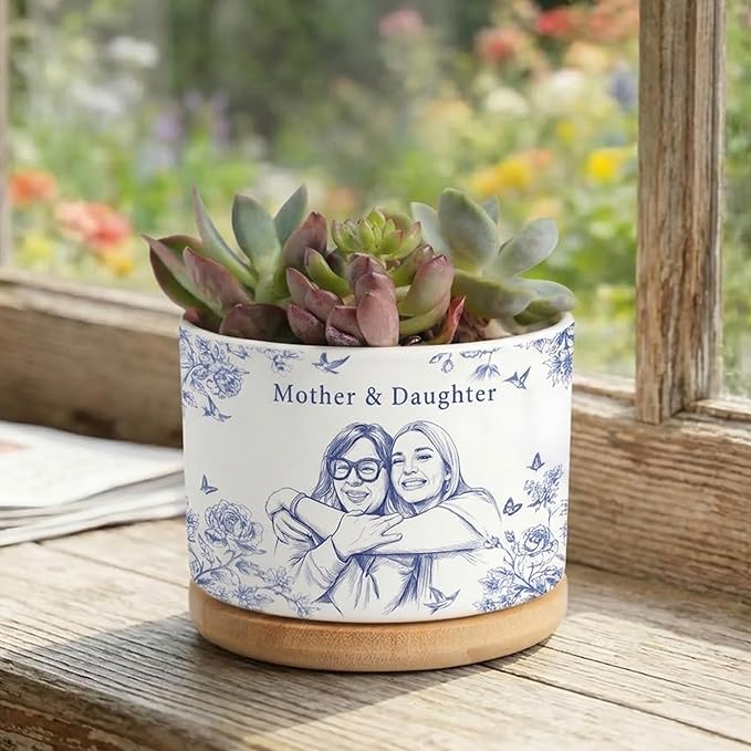 Personalized Mom Portrait Toile De Jouy Plant Pot, Custom Mom Photo Plant Pot from Daughter, Custom Grandma Gifts, Mama Gift, Birthday Gift