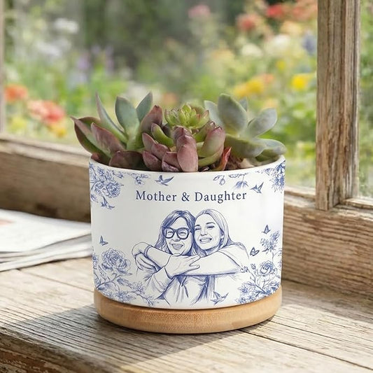 Personalized Mom Portrait Toile De Jouy Plant Pot, Custom Mom Photo Plant Pot from Daughter, Custom Grandma Gifts, Mama Gift, Birthday Gift