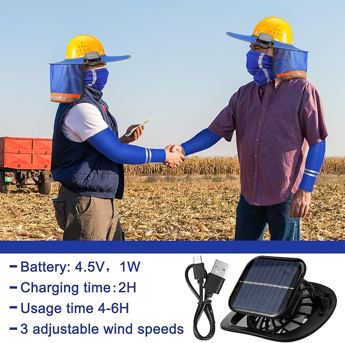 1 Set Sun Hard Hat Shade Full Brim Hard Hat Sun Visor with 2 Solar Fans and Neck Sunshade Cover UV Reflective Strap Arm Sleeves for Construction Workers Outdoor Protection(Blue)