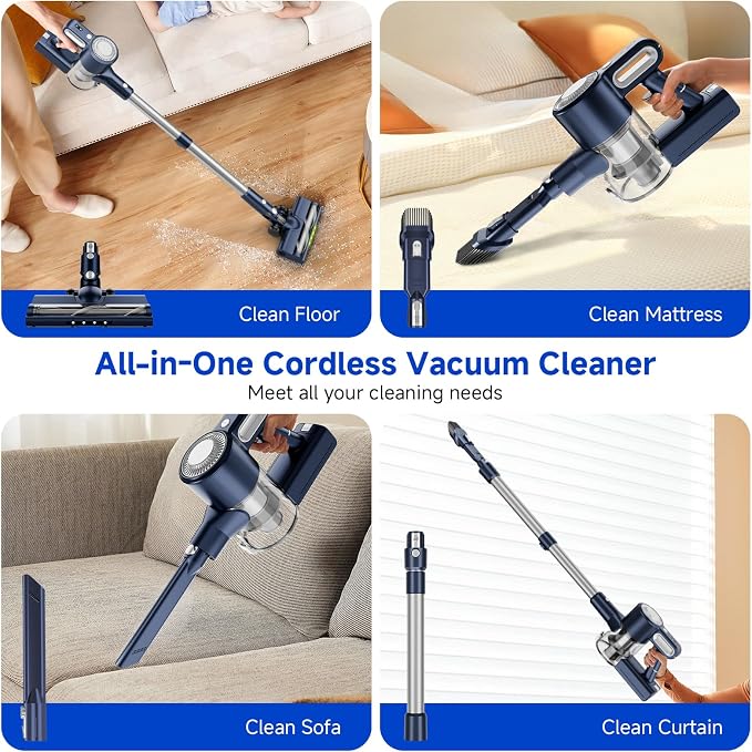 Cordless Vacuum Cleaner: Powerful Suction Stick Vacuum, Anti-Tangle Brush | Portable 6-in-1 Rechargeable Vacuum, Green LED Light, Ideal for Pet Hair, Low-Pile Carpets & Hard Floors-Dark Blue