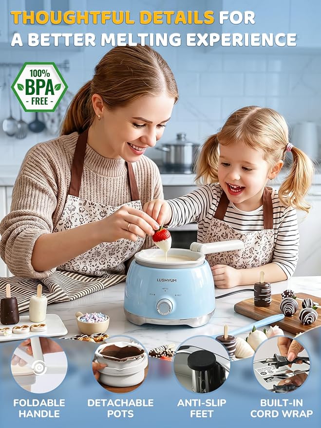 Electric Chocolate Melting Pot with 2 Insert Pots, 4-Cup Chocolate | Even Heating & Fast Melting, BPA-Free Silicone, Easy Clean, Less Waste, Ideal for Chocolate & Candy Melts, Parties, Fondue