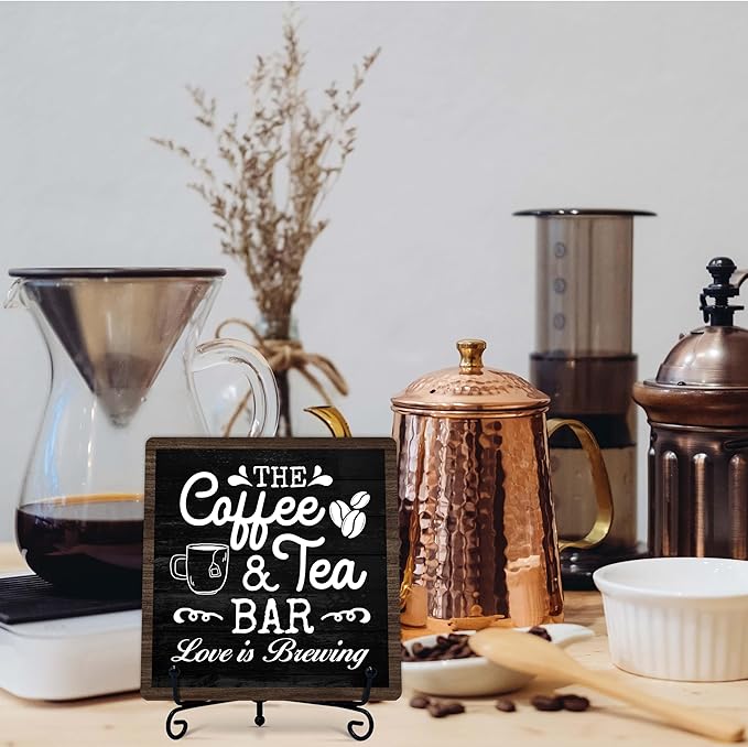 Coffee Bar Sign, Love is Brewing Farmhouse Tabletop Decor, Coffee and Tea Lover Gifts, 5x5 Wood Plaque with Iron Stand for Home Kitchen Cafe, Coffee Bar Decor – L05