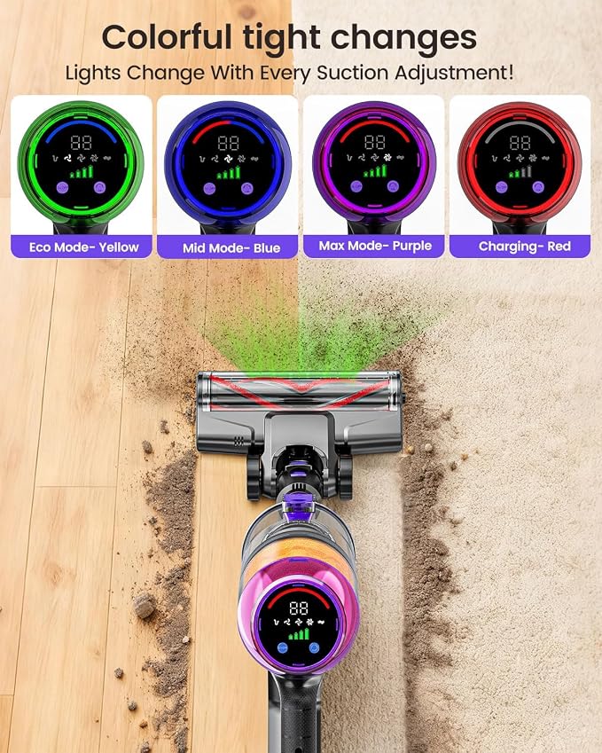 Cordless Vacuum Cleaner, 500W 40KPa 60Mins Vacuum Cleaners for Home, Powerful Stick Vacuum With Green Light, Anti-tangle Wireless Vacumm, Rechargeable Vacuum for Pet Hair/Carpet/Hardwood Floor, Purple
