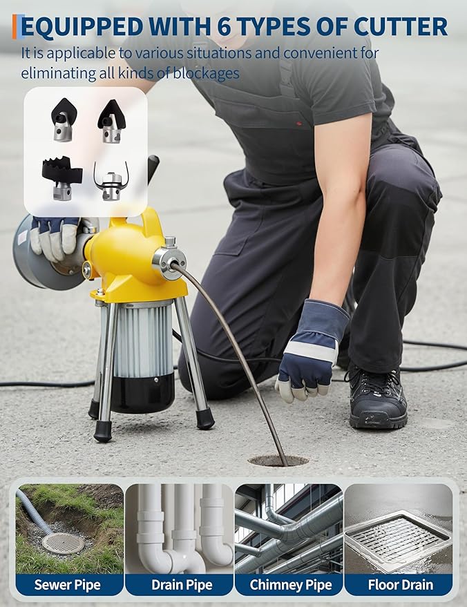 GarveeLife Electric Sewer Snake Drain Auger, Drain Cleaner Machine with 66FT x 5/8" & 16FT x 3/8" Steel Cables, 7 Cutters, 500w Power Auto Feed Pipe Snake for 3/4" to 4" Pipes for Sink Toilet Drainage