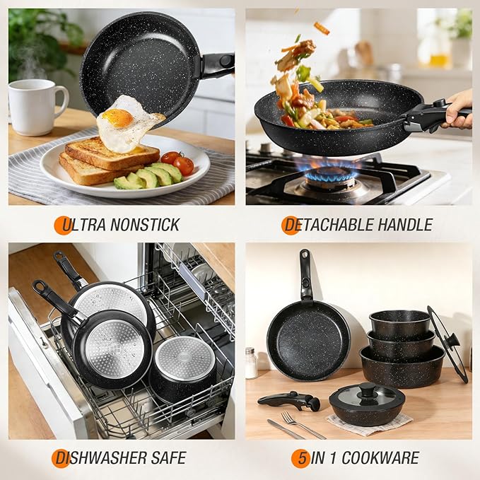 pots and Pans Set, Nonstick Cookware Set Detachable Handle, Induction Kitchen Cookware Sets with Removable Handle, Non Stick RV Cookware Set, Dishwasher ＆ Oven Safe (21 PCS)