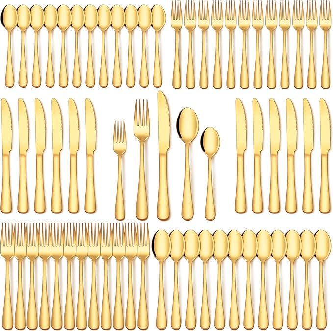 EUIRIO 60Pcs Gold Silverware Set, Stainless Steel Flatware Cutlery Set Service for 12, Mirror Polished Gold Utensils Set Include Forks Spoons Knives for Home, Wedding, Restaurant, Dishwasher Safe