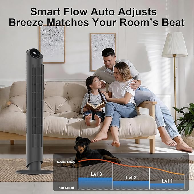 hykolity 40'' Tower Fan for Bedroom, 90° Oscillating Standing Fan, 28dB Ultra Quiet, 26ft/s Velocity Bladeless Floor Fan with 3 Speeds & 4 Modes, 12H Timer for Living Room, Home, Office
