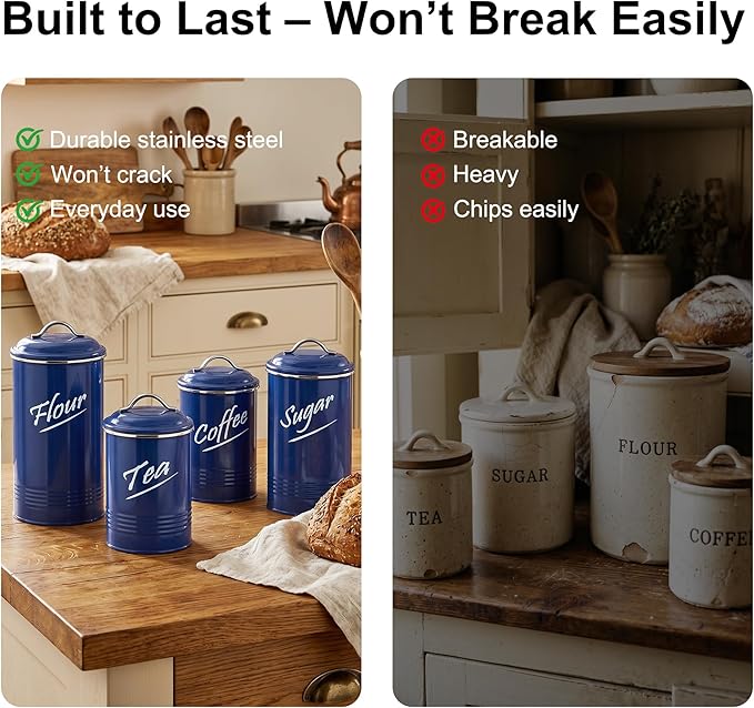 Hillbond Kitchen Canister Set of 4, Airtight Stainless Steel Food Storage Containers with Lids, Flour Sugar Coffee Tea Canisters for Countertop, Metal Kitchen Storage Jars, Navy Blue