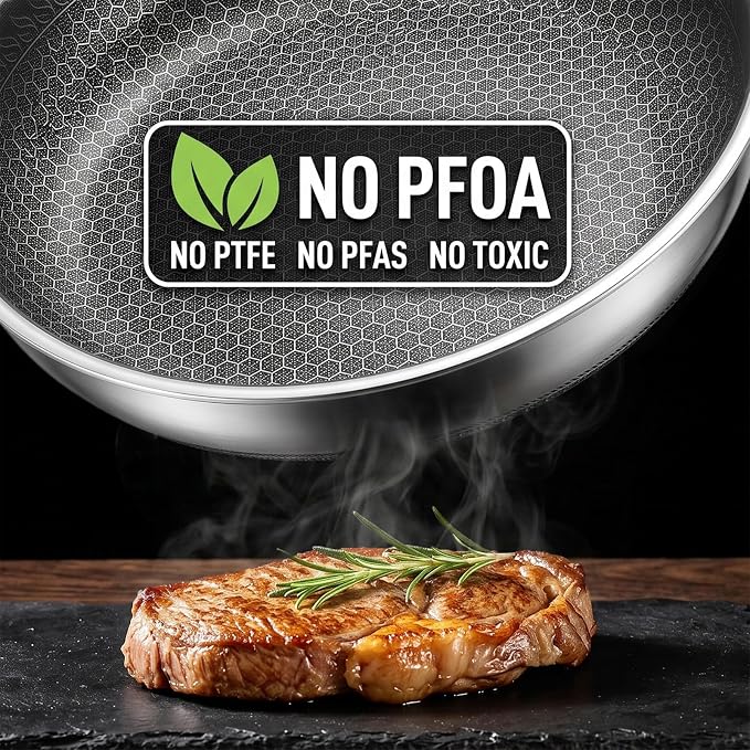 12 Inch Nonstick Stainless Steel Frying Pan with Lid Honeycomb | PFAS PFOA PTFE Free, Scratch-Proof & Metal Utensil Safe, All Cooktops Compatible, Oven & Dishwasher Safe Fajita Cooking Pan