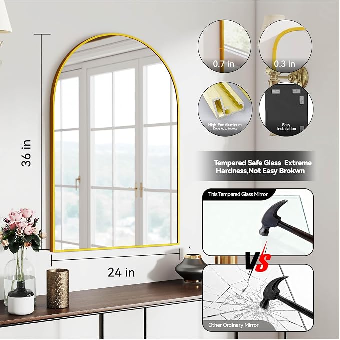 SCWF-GZ 24x36 Arch Mirror Rectangle Full Length Wall Mounted Hanging or Against Wall Metal Aluminum Alloy Frame Dressing Make-up Mirrors for Entryway Bedroom Bathroom Living Room 24 36 inch Gold
