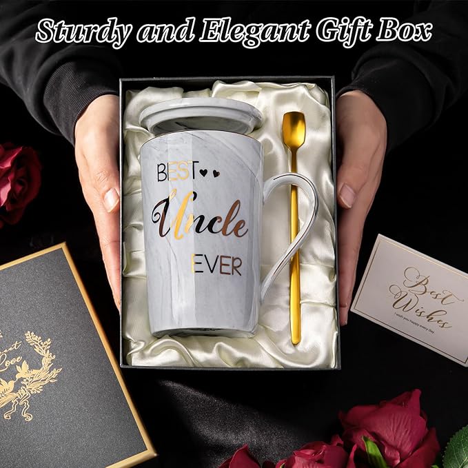 Best Uncle Birthday Gifts from Nephew Niece, Uncles Valentines Gift, Fathers Day Announcement Presents - 14oz Grey Marble Ceramic Gold Print Uncle Mug, with Lid, Spoon, Greeting Card, Nice Gift Boxed
