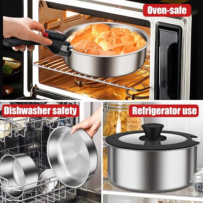Stainless Steel Non-stick Cookware Set, 6-piece Induction Pots & Pans With Detachable Handles, Dishwasher & Oven Safe, Perfect For Kitchen & Camping 6pcs