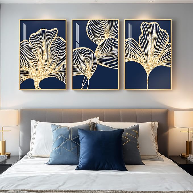 Framed Modern Luxury Wall Art for Living Room, Large Navy Blue and Gold Ginkgo Leaf Artwork for Walls, 3 Piece Contemporary Bright Style Floral Prints for Bedroom Office Hallway Wall Decor, 24x36 Inch