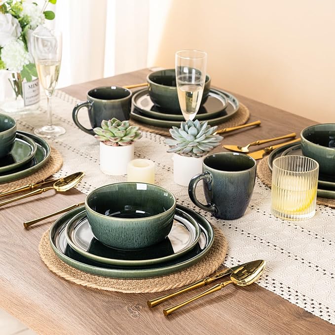 GBHOME Ceramic Dinnerware Sets for 8, 24 Pieces Stoneware Plates and Bowls Sets, Reactive Glaze Dishes -Scratch Resistant, Dishwasher&Microwave Safe, Earth Green