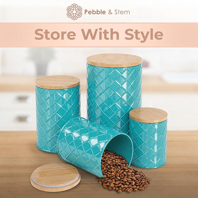 Pebble & Stem® Coastal Teal Metal Canister Set for the Kitchen with Measuring Spoon, Food Canister Set of 4, Airtight Lids, Sugar, Flour Containers, Coffee, Tea Storage, Farmhouse Decor