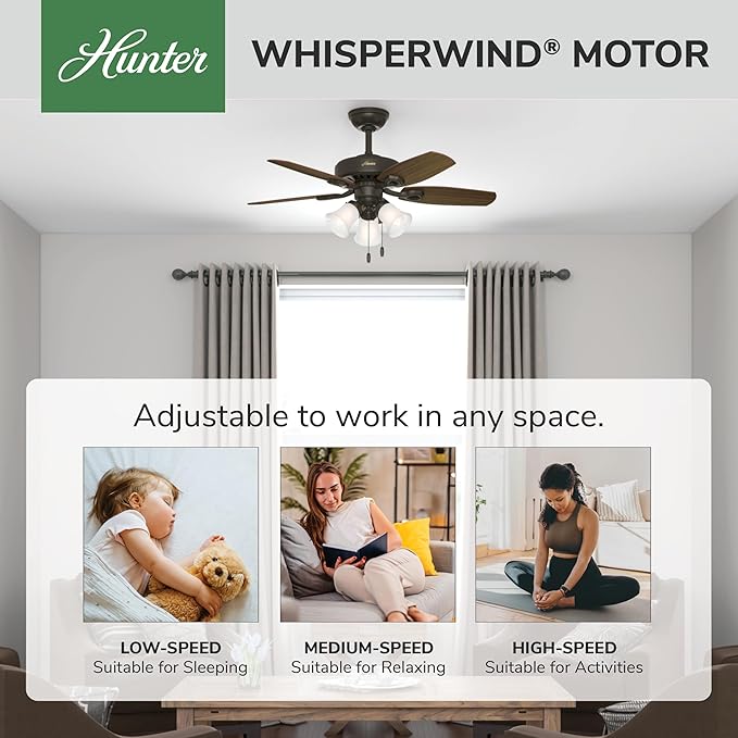 Hunter 42 inch Indoor Ceiling Fan with LED Lights - Bronze Ceiling Fan with Pull Chain, For Bedroom or Living Room, Standard Mount, No Remote, 5 Blades, Includes Bulbs - Builder 52107, New Bronze