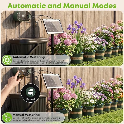 Solar Drip Irrigation System Kit, Auto Plant Waterer for 15 Pots | 3W Solar DIY Watering Device with Bucket & Flower Pots Included, 22 Programmable Timer Modes, Anti-Siphon