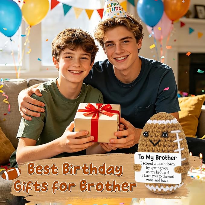 BiuNiuring Mini Funny Brother Gifts from Sister Brothers, Positive Fathers Day Birthday Gift for Men Friends, I Love You Small Cool Cute Football Doll, Handmade Crochet Home Decorations for Brother