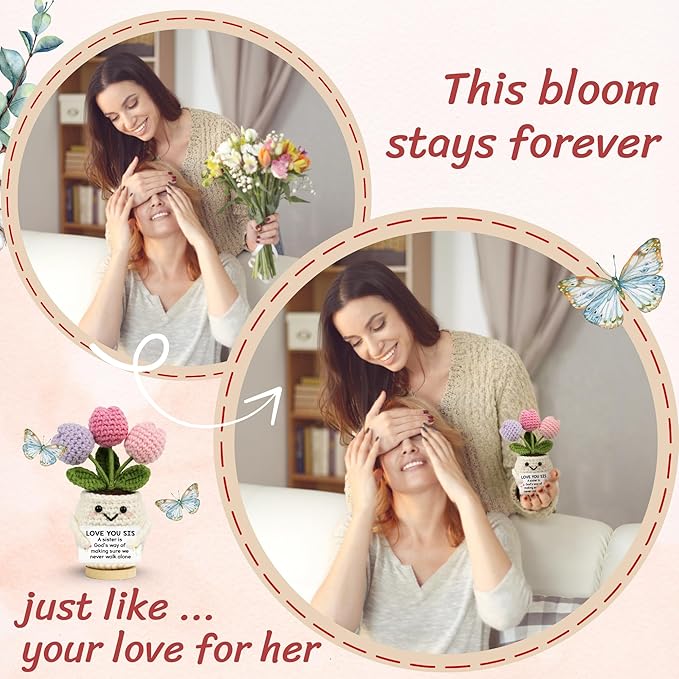 Sister Gifts from Sisters - Funny Mothers Day, Birthday Gifts for Big Little Soul Sisters - 5.51'' x 4.13'' Knitted Inspirational Positive Tulip Flowers Sister Crochet Doll