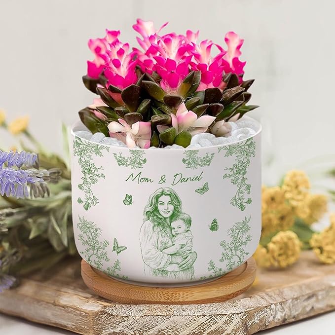 Personalized Mom Photo Plant Pot, Custom Toile De Jouy Mother Day Portrait Planter, Mom Gift, Gifts from Daughter, Grandma Gifts
