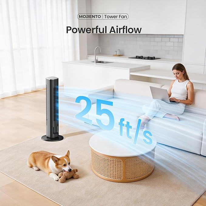 MORENTO Tower Fan for Bedroom, 36" Smart Standing Fan with WiFi APP Voice Control, 4 Modes 4 Speeds, 90° Oscillating, 12H Timer & 25dB Ultra Quiet Safe Bladeless Floor Fan with Remote, Black, 1 Pack