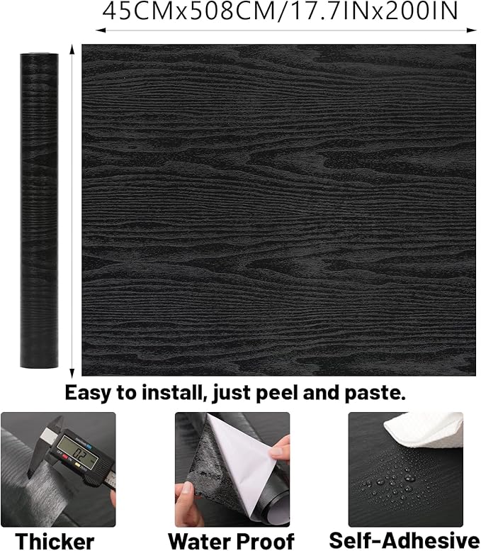 Peel and Stick Wallpaper Black Wood Wall Paper - 17.5 x 200 Inch Self Adhesive Wallpaper Peel and Stick, Easy to Paste Wall Contact Paper for Stand Liner, Table and Door Makeover Decor