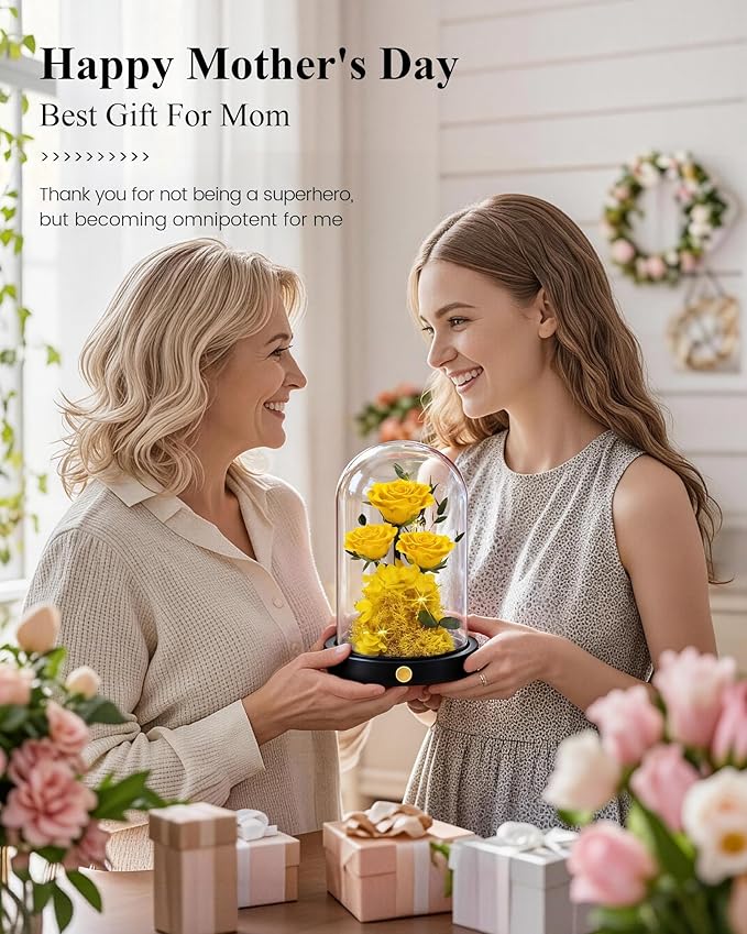 Agrul Mothers Day Flowers Roses Gifts for Mom,Forever Preserved Flower Rose in Glass Dome Fresh Flowers for Delivery Mothers Day Roses Gifts for Wife Women Mom Grandma from Daughter/Yellow Rose