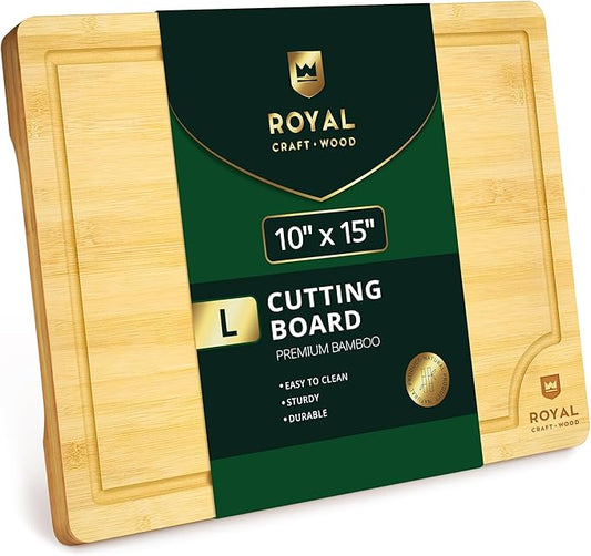 ROYAL CRAFT WOOD Bamboo Cutting Board with Juice Groove - Kitchen Chopping Board for Meat Cheese and Vegetables, Heavy Duty Serving Tray w/Handles (Large,10 x 15")