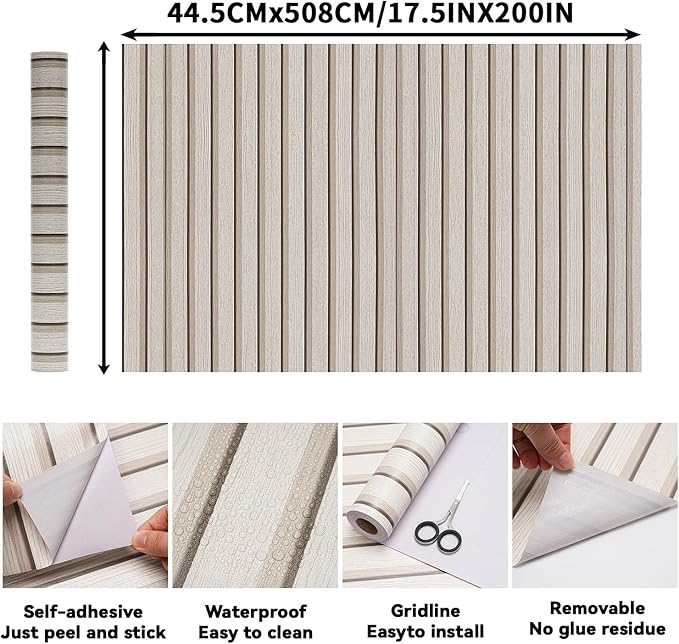 Wood Slat Peel and Stick Wallpaper - 17.5"x200" Textured Faux Wood Self-Adhesive, Waterproof Removable Wall Panel for Bedroom, Kitchen, Accent Wall - Easy Install