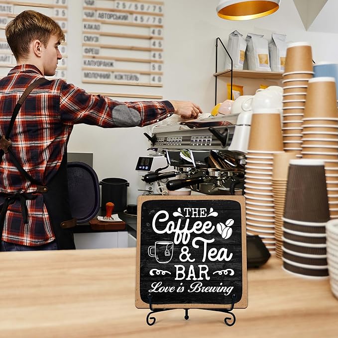 Coffee Bar Sign, Love is Brewing Farmhouse Tabletop Decor, Coffee and Tea Lover Gifts, 5x5 Wood Plaque with Iron Stand for Home Kitchen Cafe, Coffee Bar Decor – L04