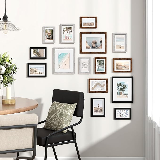Venusmiles 15 Pack Picture Frames Collage Wall Decor, Gallery Frame Set for Wall Mounting or Tabletop Display, Multi Sizes Including 3pcs 8x10, 6pcs 5x7, 6pcs 4x6, Black+Rustic Brown+Distressed White