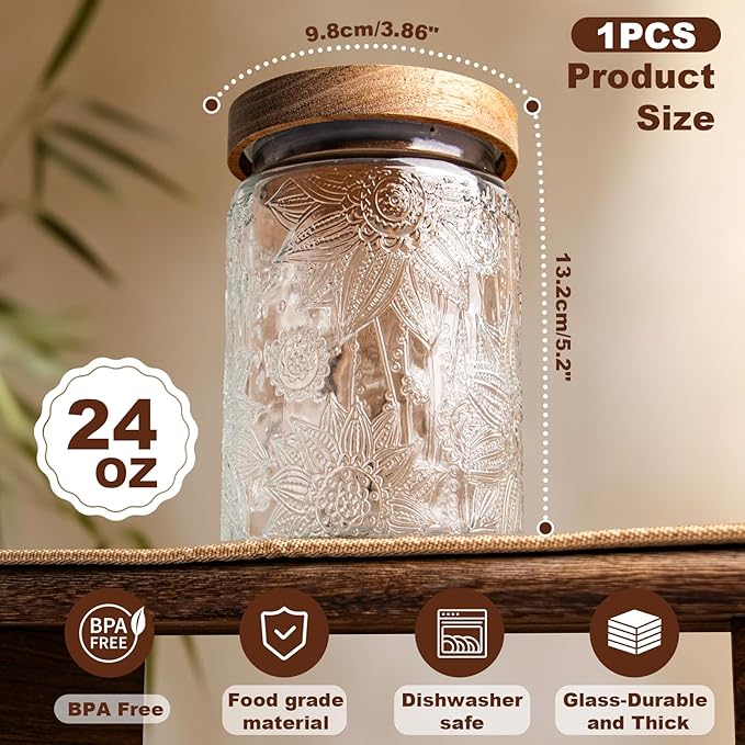24Oz Glass Jar with Lid,Decorative Jar,Cute jar,Glass Canister,Vintage Glass Storage Jar for Sugar, Coffee, Tea, Spice, Flour, Candy Cookie, Pasta, Cereal