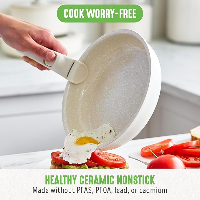GreenLife 10 Piece Nonstick Pots & Pans Set, Detachable Handle & Stackable Cookware Set, Non Toxic PFAS-Free Skillets, Induction Kitchen Pans, Space Saving, Serving Bowls, Oven Safe, Speckled Cream