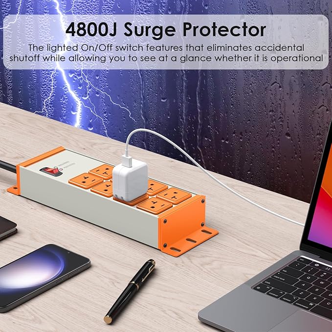 JUNNUJ Heavy Duty Surge Protector 4800J, Garage Metal 8 Outlets 20 Amp 12 Gauge, High Amp 5-15P Adapter Shop 6-20R T-Slot Industrial Outlet, 6 FT Extension Cord Commercial for Appliance, Grey