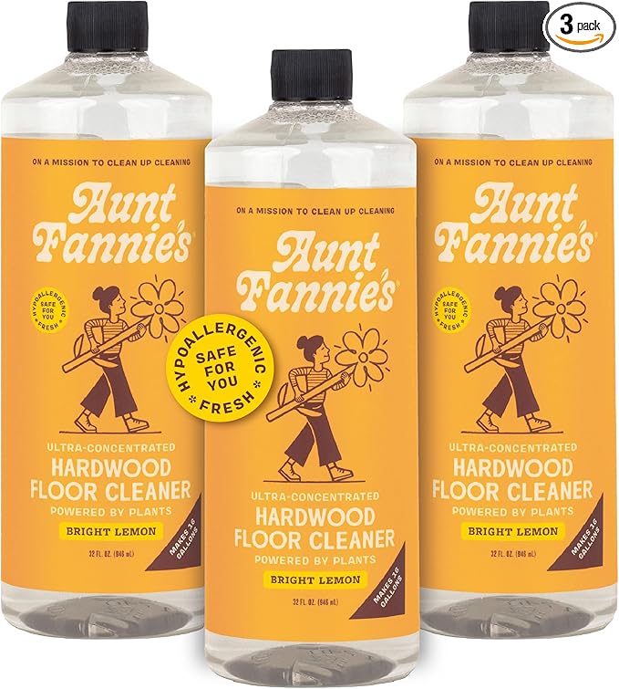 Aunt Fannie's Ultra Concentrated Hardwood Floor Cleaner, Vinegar-Free Plant Based Solution for Mopping, Bright Lemon Scent, 32 oz. (Pack of 3)