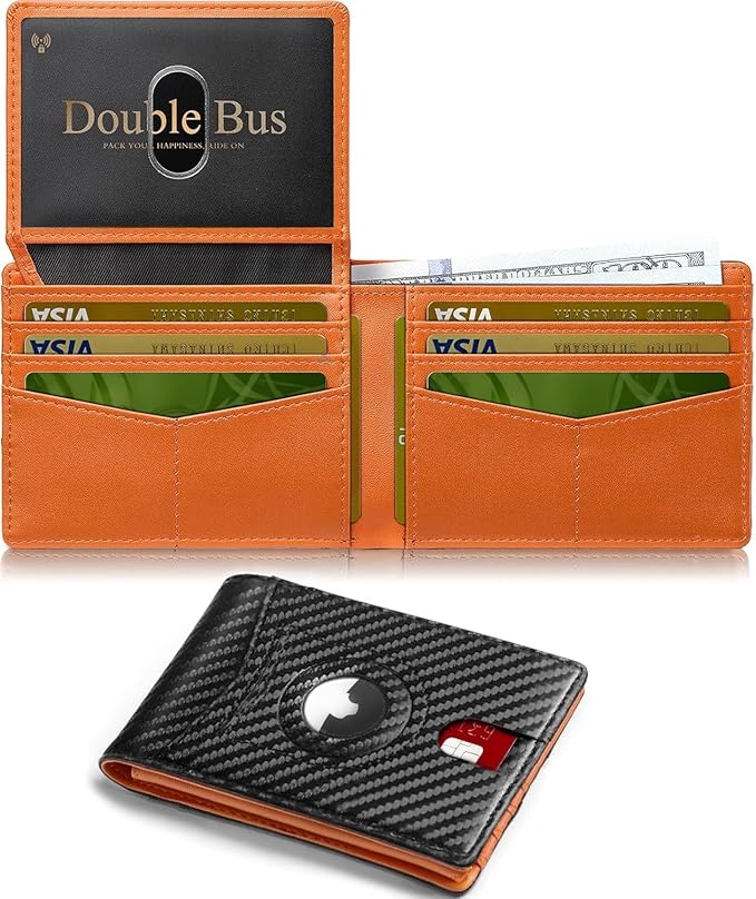 Wallet for Men Slim RFID Blocking Bifold Carbon Fiber,Minimalist Small Compact Front Pocket Credit Card Holder,Thin Mens Leather Wallets Smart Security With 2 ID windows 1 Cash (Black & Orange)