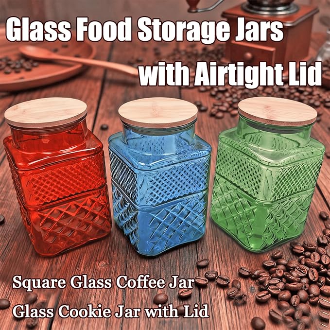 Coriario 60oz Decorative Glass Jar with Airtight Lid and Wood Spoon Red Square Vintage Glass Storage Jars Canisters for Food Candy Counter Flour Sugar Cookie Coffee Tea